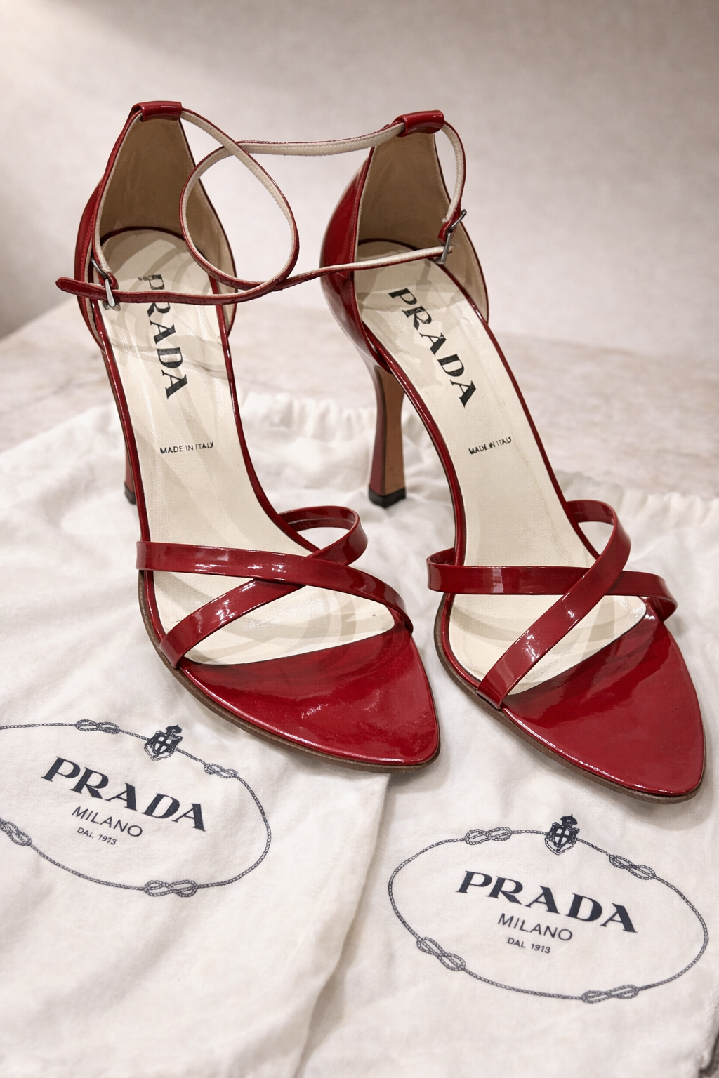 Prada Red Patent Leather Strappy Heels