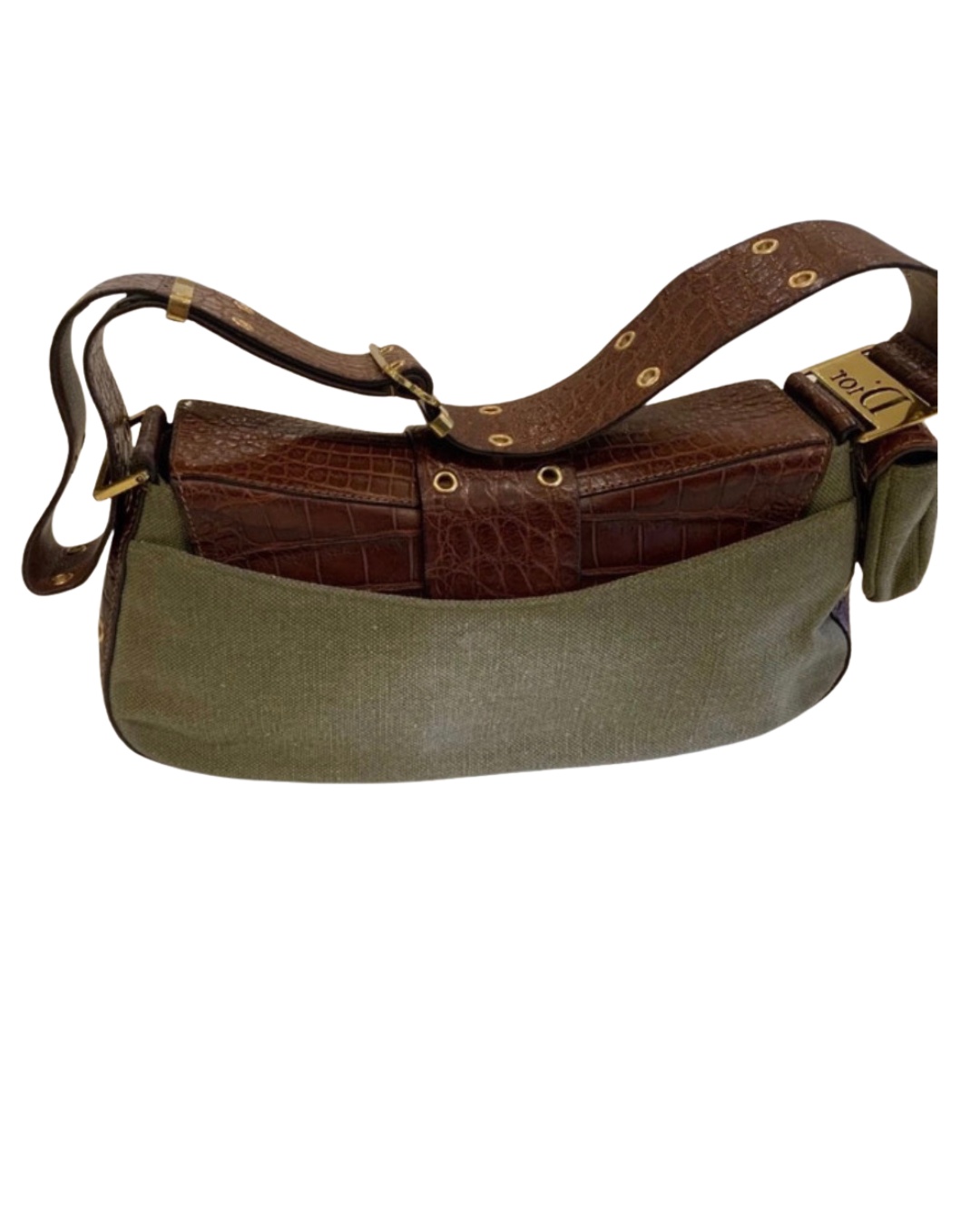 Christian Dior Street Chic Columbus Avenue Shoulder Bag Khaki Canvas Croc Leather