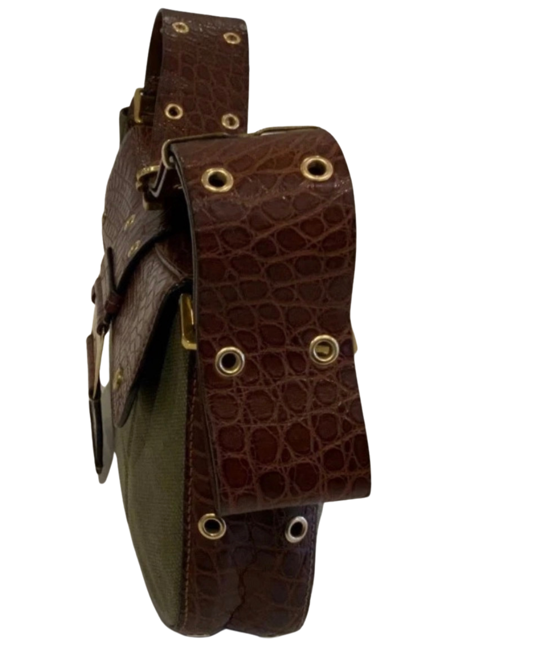 Christian Dior Street Chic Columbus Avenue Shoulder Bag Khaki Canvas Croc Leather