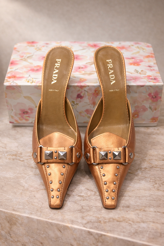 Prada Vintage Bronze Studded Mules EU 40 | Y2K Archive | Rare