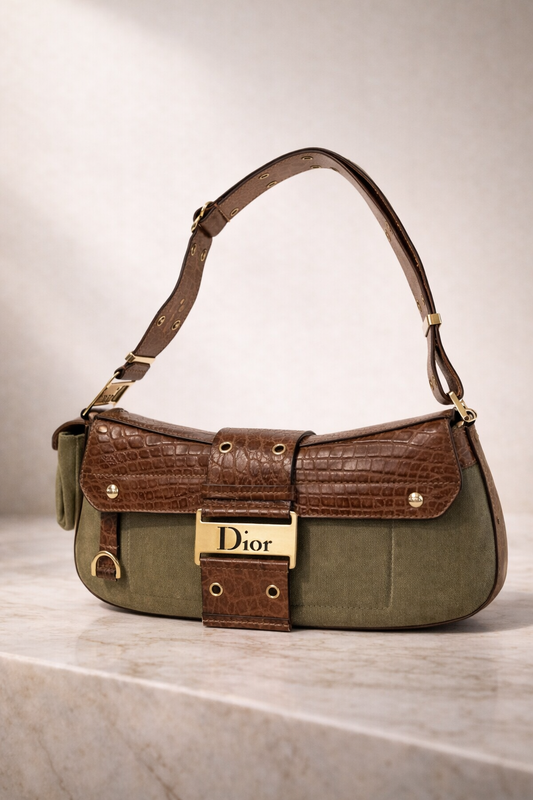 Christian Dior Street Chic Columbus Avenue Shoulder Bag Khaki Canvas Croc Leather