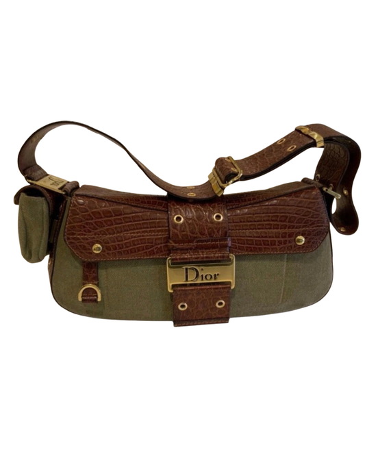Christian Dior Street Chic Columbus Avenue Shoulder Bag Khaki Canvas Croc Leather